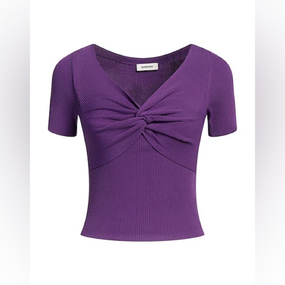 Sandro Purple Twist Detail Ribbed Crop Top